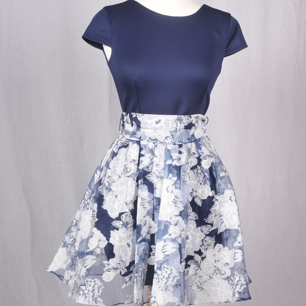 B. Darlin Blue Navy Fit & Flare White Pleated Floral Skirt Mini Dress 3/4